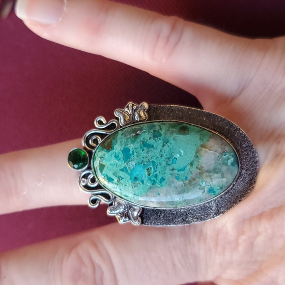 New Chrysocolla & Diopside 925 Silver Butterflies Statement Ring. - Picture 13 of 16